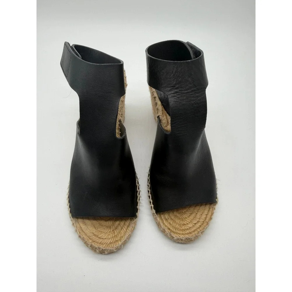 Celine Espadrille Wedge Sandals Womens 8 Black Leather Jute Platform Heel